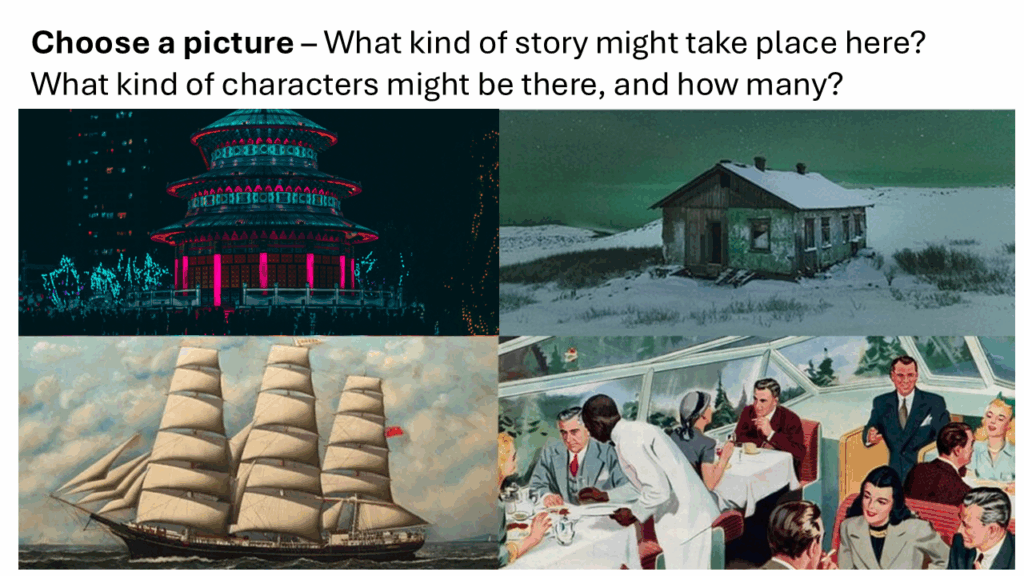 Text reads: Choose a picture - What kind of story might take place here? What kind of character might be there, and how many?

Below the text are four images - a futuristic cityscape, a shack in a snow-covered wilderness beneath a starry sky, a painting of a huge galleon ship with many large sails, and an illustration of a futuristic restaurant in which many people are sitting and talking with a view of a forest outside.
