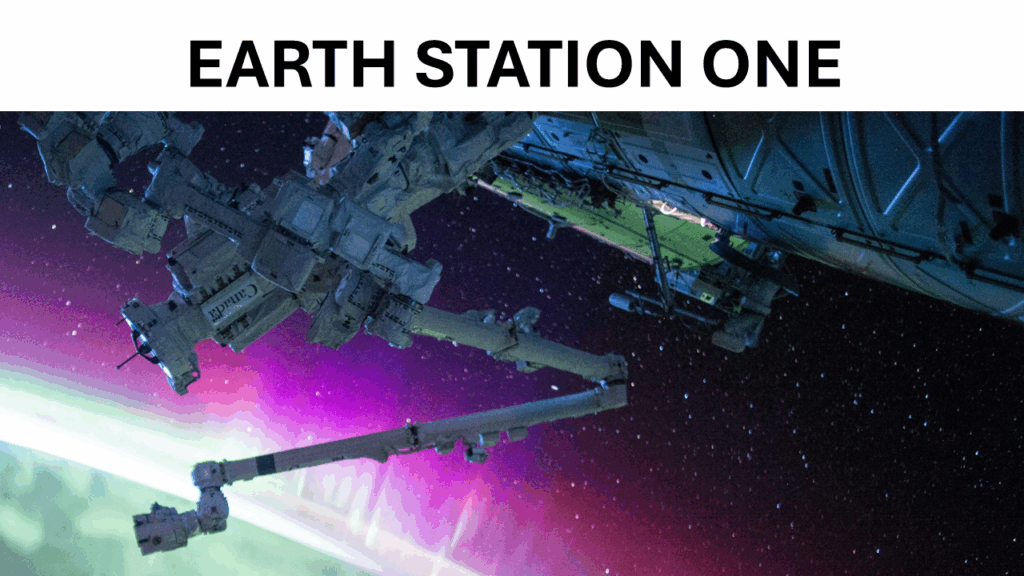 Text reads: Earth Station One

Below the text is an image of a space station above a planet with a colourful atmosphere.