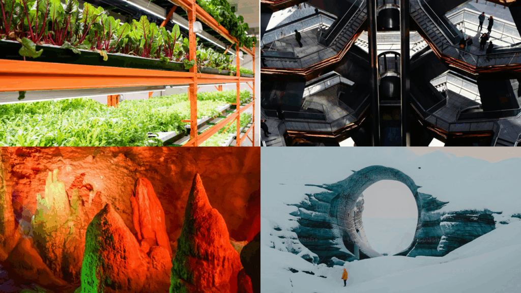 Four separate images grouped together: a hydroponics lab, a futuristic facility, a colourful cave and a strange stone gate in a snowy wasteland.