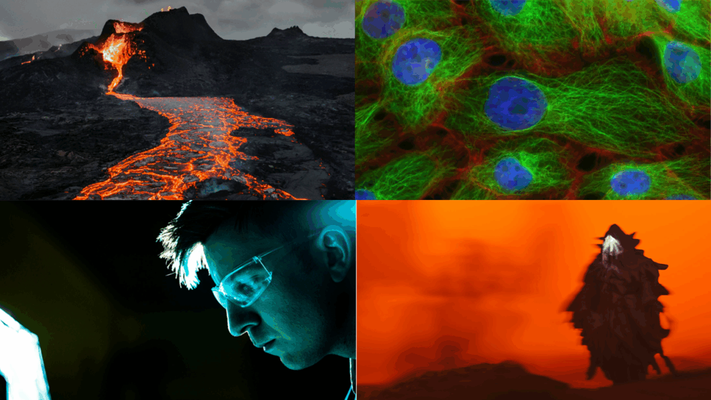 Four separate images grouped together: an erupting volcano with flowing lava, a microscope view of some strange microorganisms, a scientist wearing goggles looking at a machine, and a strange cloaked figure standing in a fiery wasteland.