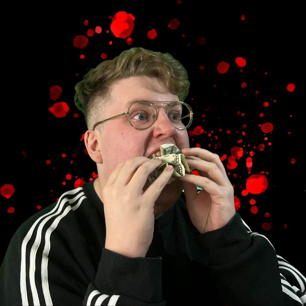 Haley is pictured (a non-binary person with round glasses, light brown hair and a black-and-white jumper) is pictured, stuffing several dollar notes into their mouth with an expression of terror. The background is black with red splotches, evocative of stylised bloodstains.
