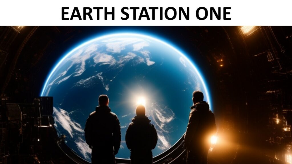 Text reads: Earth Station One

Below the text is an image of three figures looking down at the Earth through the viewing platform of a space station.