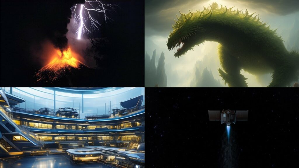 Four separate images are grouped together. In the first, a volcano spews lava while lightning strikes in the background. In the second, a huge lizard-like monster made of plant matter looms. In the third, the inside of a futuristic multi-level lab building is pictured. In the fourth, a space probe is pictured against a backdrop of darkness.