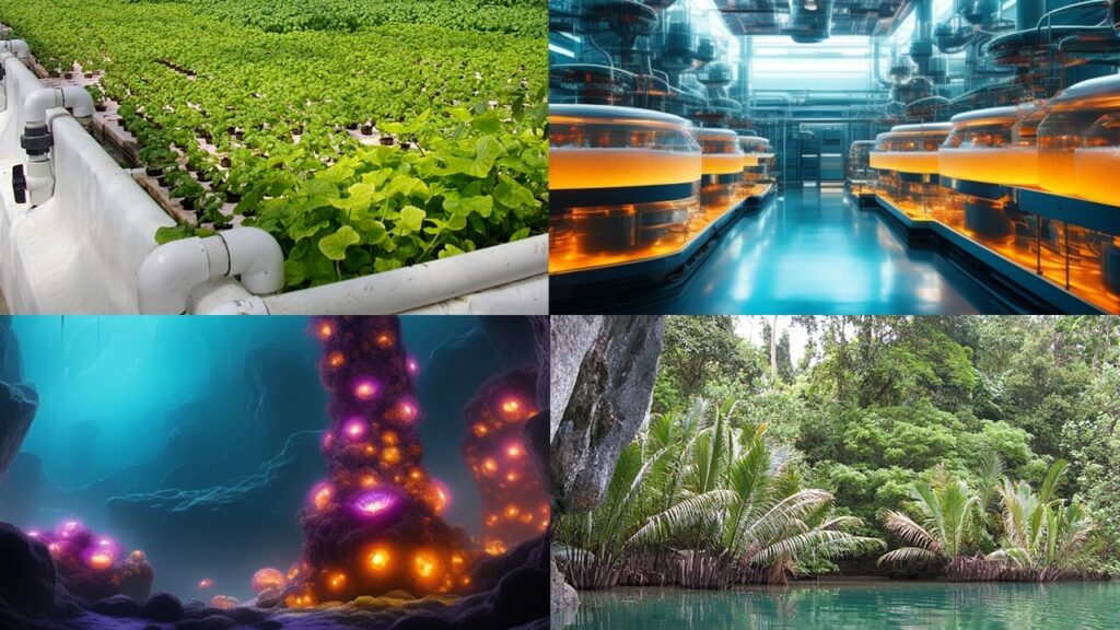 Four separate images are grouped together. In the first, a hydroponic lab is pictured, with many crops being mass-produced. In the second, a sinister corridor is shown, with strange glowing machines to either side. In the third, there is a cave filled with luminous fungus that glows in many strange colours. In the fourth, there is a pool of water within a lush green jungle.
