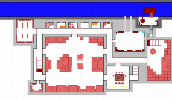 A grid-based map used for playing Dungeons and Dragons, showing a secret underground warehouse filled with crates and passages.