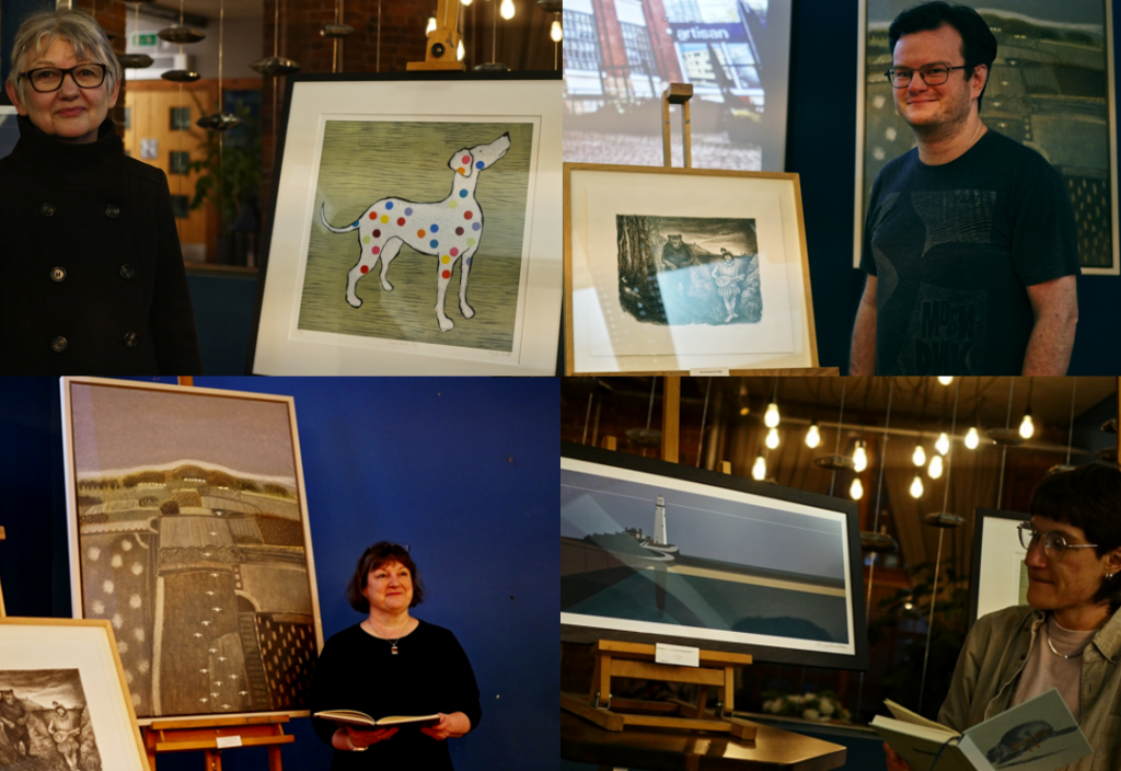 A collage of four poets each standing next to a painting - Ann Porro, with Damien Hirst's Dog (by Michael Barrett), Charlie Care with Exit Pursued by Bear (by Deborah Snell), Penny Blackburn with Through Harvested Fields (by Rob van Hoek) and Alex Skinner with St Mary's Lighthouse (by Ian Mitchell)